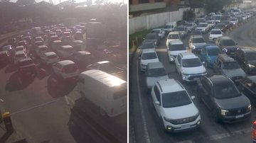 Filas em ambos os lados da travessia Santos-Guarujá