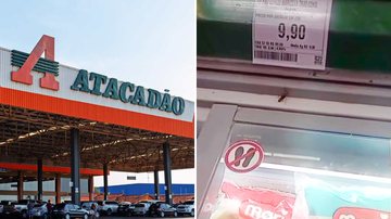 Fachada do Atacadão e barata avistada sobre freezer
