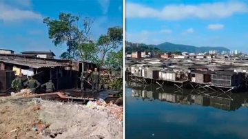 Construção irregular erguida sobre palafitas em uma área de manguezal em Santos