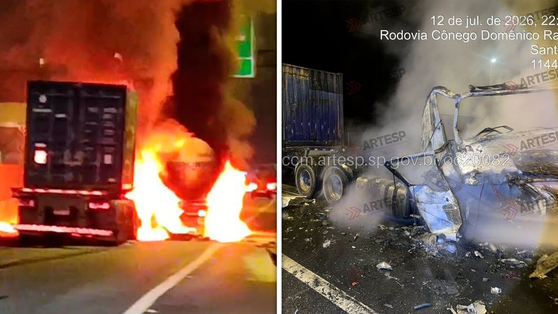 Imagem da esquerda mostra o veículo incendiado, enquanto a da direita mostra um dos caminhões após os danos causados pelas chamas