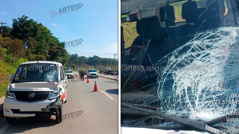 Imagens do veículo que atingiu o ciclista, com o vidro do para-brisa danificado