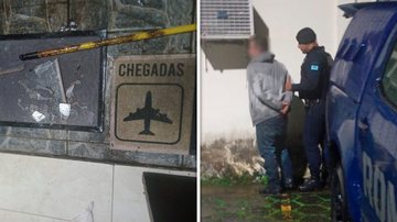 Imagem de vidro quebrado no chão da casa e agente da GCM em captura de procurado