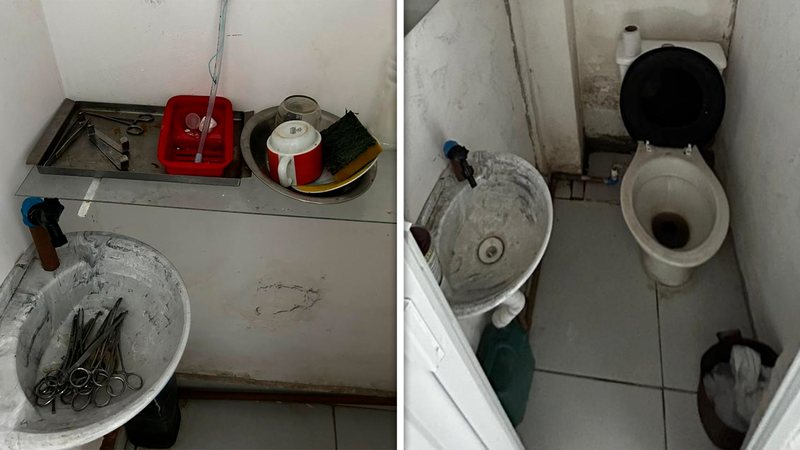 Pia encontrada com tesouras e banheiro do estabelecimento, em condições insalubres