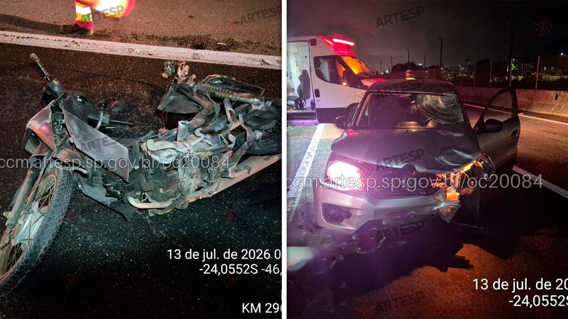 Motocicleta caída, com danos aparentes e Renault Kwid com danos na parte direita frontal