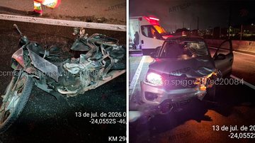 Motocicleta caída, com danos aparentes e Renault Kwid com danos na parte direita frontal