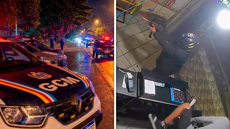 Viaturas da Polícia Civil e imagem do homem que cometeu o duplo homicídio em adega