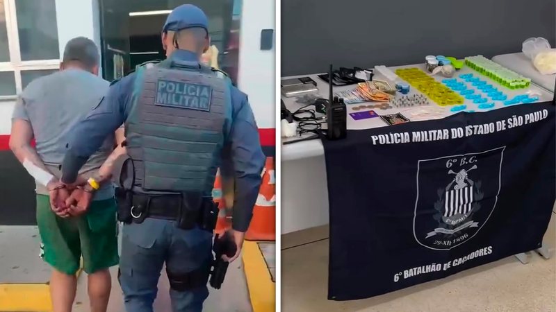 Homem sendo preso por policial militar e imagem dos itens apreendidos pela PM