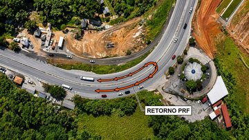 Imagem aérea, com ilustração visual, do trecho de retorno que será interditado