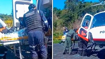 Vítima sendo conduzida para o helicóptero, com atendimento de socorristas