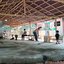 Esta imagem mostra o interior de um espaço comunitário rústico com estrutura de madeira, telhado de telhas e piso de cimento onde indígenas realizam atividades cotidianas.