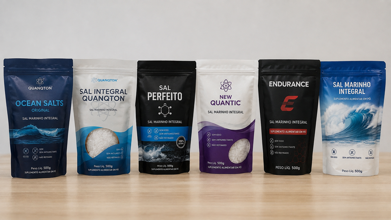 Seis embalagens de sal marinho e sal integral das marcas Quanqton Ocean Salts, Sal Integral Quanqton, Sal Perfeito, New Quantic, Endurance e Sal Marinho Integra
