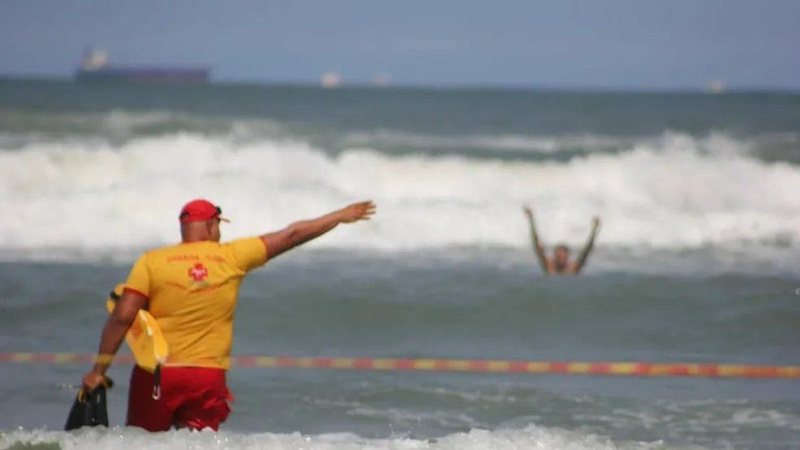 Imagem de um guarda-vidas orientando um banhista na praia, à distância