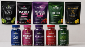 Chás e frascos de cápsulas da marca Milagroso Ervas e do produto Mounfor X