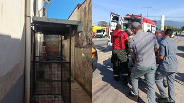 As imagens mostram um corredor externo com uma estrutura metálica (elevador), ao lado, uma ocorrência de resgate ou atendimento de emergência com equipes de socorro