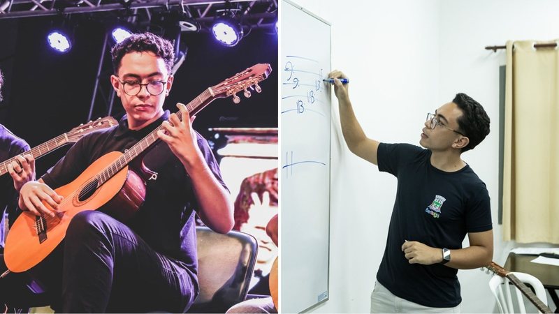 Fotos de Allan Pereira; à esquerda, ele tocando, e, à direita, ensinando música