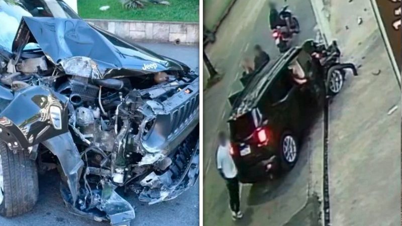 Imagem do carro com a frente destruída e imagem de câmera de segurança, que flagra os jovens saindo do veículo