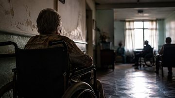 A imagem mostra uma pessoa idosa de costas, sentada numa cadeira de rodas num corredor escuro com paredes gastas, enquanto outras silhuetas aparecem ao fundo perto de uma janela iluminada
