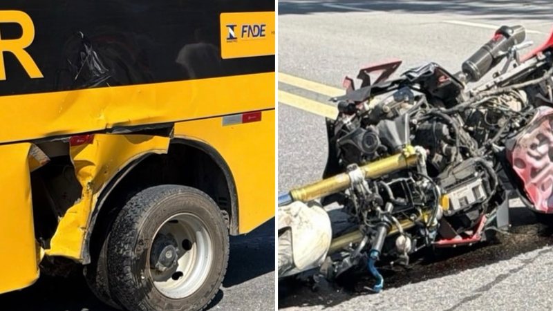 A primeira imagem mostra a lateral traseira esquerda do ônibus, amassada. A segunda mostra a motocicleta, uma BMW S1000 RR, destruída.