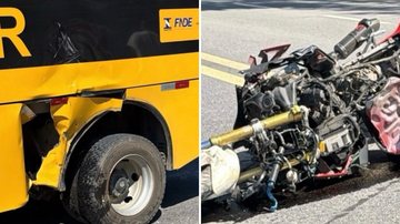 A primeira imagem mostra a lateral traseira esquerda do ônibus, amassada. A segunda mostra a motocicleta, uma BMW S1000 RR, destruída.