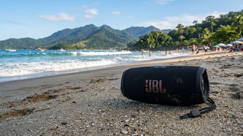 Imagem de um caixinha de som em uma praia de Ubatuba