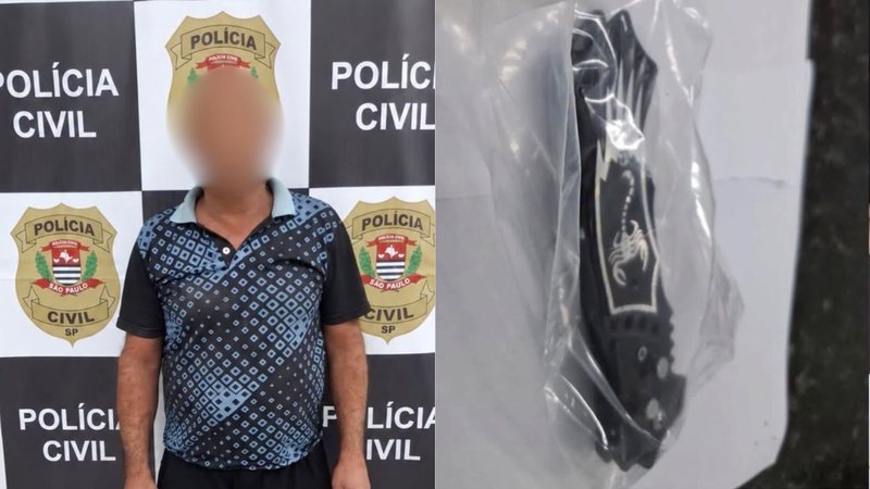 À esquerda, o investigado preso; à direita, o canivete que teria sido usado no crime