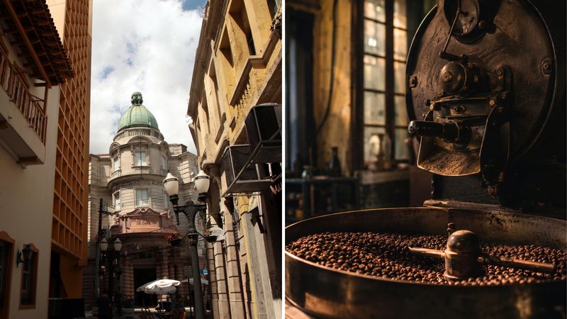 Imagem do museu do café e de uma maquina industrial para tratamento de grãos