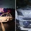 Imagens de um carro e uma carreta destruídos