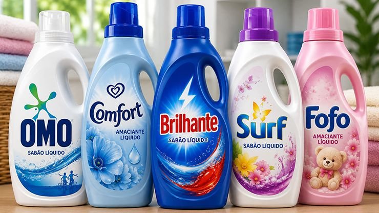 A imagem mostra cinco garrafas de produtos de limpeza da Unilever (OMO, Comfort, Brilhante, Surf e Fofo)
