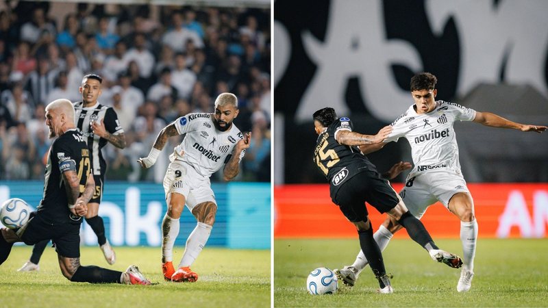 Imagens de jogadores de Santos e Atlético Mineiro disputando bola