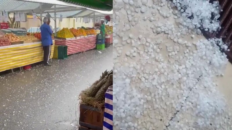 Imagem mostra a ocorrência de saraiva, pequenas pedras de gelo, em alguns bairros de Mongaguá e Itanhaém