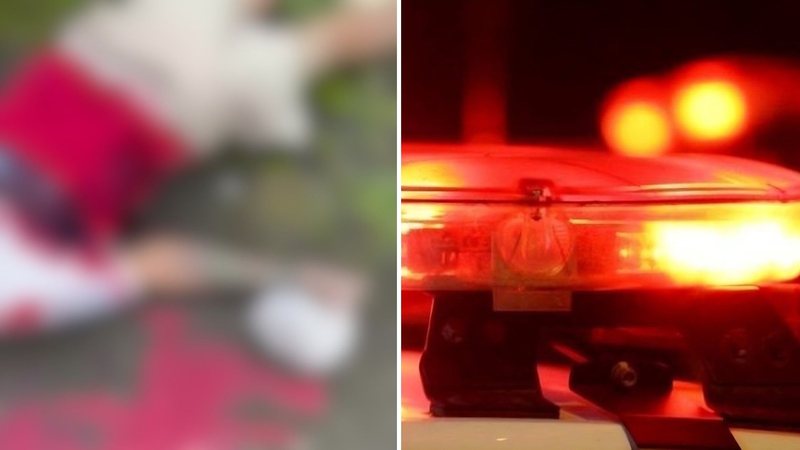 Imagem borrada de uma pessoa no chão, ao lado de uma imagem fechada em um giroflex policial