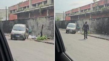 Imagens do homem colocando entulhos em calçada pública. Segundo imagem mostra o GCM caminhando para aborda-lo no local