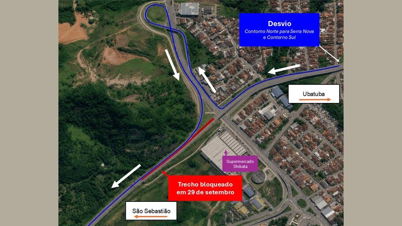 Imagem de satélite que mostra o direcionamento dos bloqueios na rodovia dos Tamoios