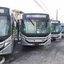 A imagem mostra cinco novos ônibus cinzas da empresa City Transporte alinhados em Guarujá, no litoral de São Paulo