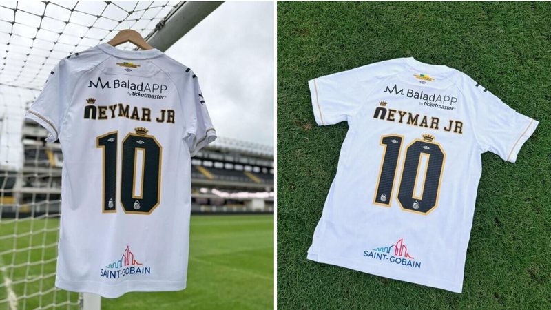 Duas imagens da camisa do Santos com o logo da nova patrocinadora acima do nome de Neymar