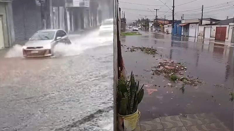 Imagem mostra vias completamente alagadas devido ao temporal que atingiu cidades da Baixada Santista