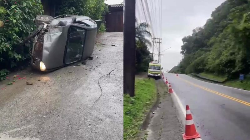 O incidente na imagem mostra um veículo capotado à margem de uma rodovia Rio-Santos SP-055 em São Sebastião