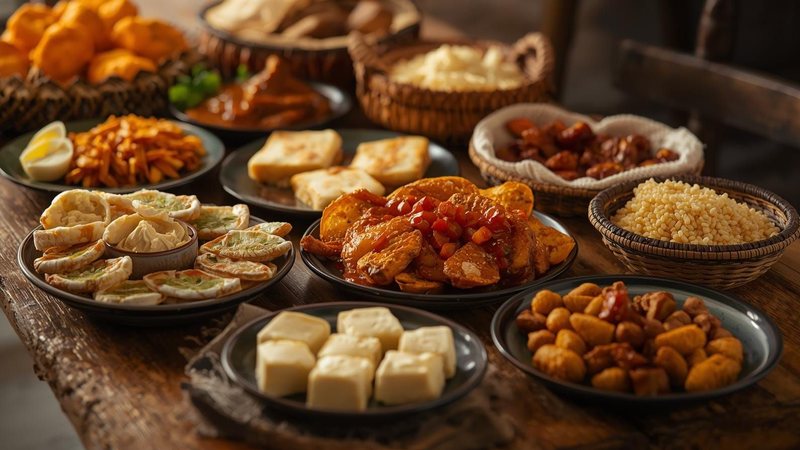 A imagem mostra uma mesa rústica de madeira repleta de diversos aperitivos e pratos típicos, como bolinhos fritos, queijo coalho ou branco em cubos, batatas com molho, porções de grãos e salgadinhos em recipientes de cerâmica e cestos de vime
