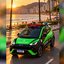 Imagem mostra carro elétrico da imagem é um BYD Dolphin adesivado com a identificação de fiscalização e o logotipo da Rizzo Park (empresa concessionária de estacionamento rotativo), equipado com câmeras OCR no teto para leitura automática de placas