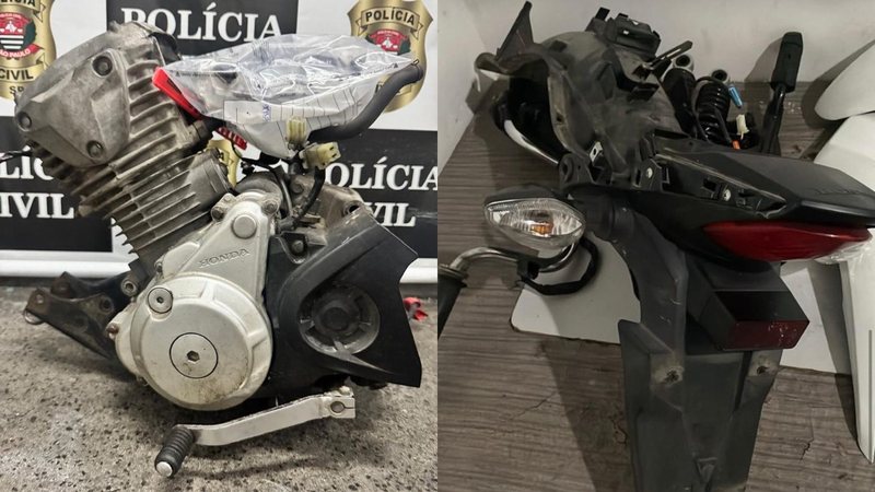 A imagem mostra peças desmontadas de uma motocicleta (como o motor e a carenagem traseira com lanterna) apreendidas em uma ação policial