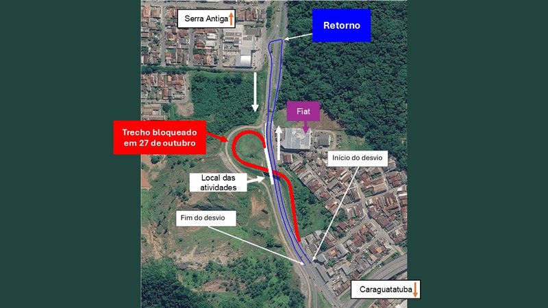 A imagem mostra o mapa de um bloqueio temporário no km 82 da Rodovia dos Tamoios, no trecho urbano de Caraguatatuba