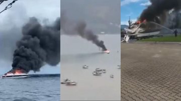 Semana da virada do ano teve dois incêndios e uma explosão de embarcação no litoral paulista. Da esquerda para a direita, acidente em Ilhabela (02/01), acidente em São Sebastião (31/12), e lancha explodida em Bertioga (28/12). - Fotos: Reprodução Web e JCN / Montagem: Arte Sistema Costa Norte