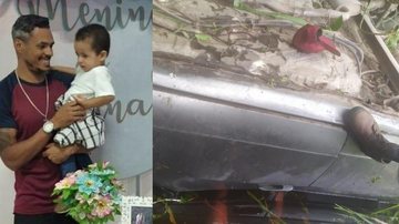 À esquerda, Robsom Santos e seu filho João, de dois anos. À direita, imagem do veículo no acidente em que Robsom evitou uma tragédia. Anjo do asfalto Bertioga - Foto: Acervo Pessoal / Reprodução web
