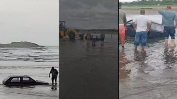 Veiculo precisou ser removido da faixa de areia por trator Carro atolado na praia em Itanhaém - Foto: Reprodução