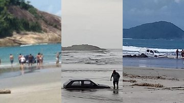 Da esquerda para a direita, carros atolados na Praia de Pernambuco, no Guarujá, na Praia da Gaivota, em Itanhaém, neste sábado (20) e na Praia da Riviera, em Bertioga, neste domingo (20). Onda de carros atolados nas praias vazias - Imagens: Reprodução
