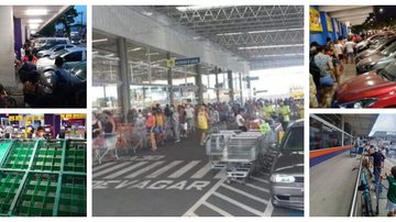 De cima para baixo e da esquerda para a direita. Fila e prateleira de supermercado em Cubatão; fila de perder de vista em estacionamento de atacadão em Praia Grande; Filas em supermercados de Itanhaém e Santos. Mercados lotados na Baixada Santista - Imagens: Reprodução / Arte: Sistema Costa Norte