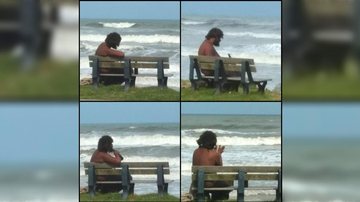 Num misto de melancolia, contemplação e solidão, morador de rua embriagou-se e cantou para as águas Morador de rua melancólico canta para o mar e causa comoção no litoral de SP - Imagem: Reprodução / Cris C. Celentano
