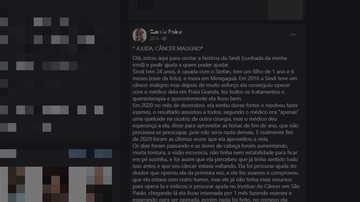 Preocupada, familiar de Sindi fez postagem emocionante neste Domingo de Páscoa (4) data que simboliza a ressurreião Postagem luta pela vida - Imagem: Reprodução / Redes Sociais