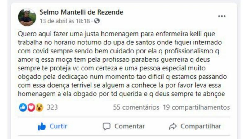 Selmo não poupou elogios aos profissionais - Reprodução/ Facebook Selmo Mantelli
