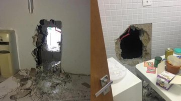 Buracos na parede da lotérica Dupla perfura parede e furta casa lotérica em Guarujá (SP) - Imagem: Reprodução / Plantão Guarujá